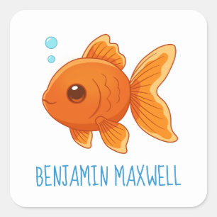 Sticker Carré Joli Poisson Rouge de Dessin Animé Nom Personnalis