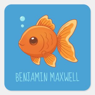 Sticker Carré Joli Poisson Rouge de Dessin Animé sur Nom Personn