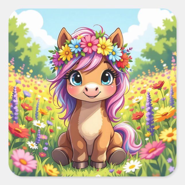 Sticker Carré Joli poney avec fleurs (Devant)