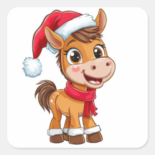 Sticker Carré Joli Poney de Dessin Animé avec Chapeau et Écharpe