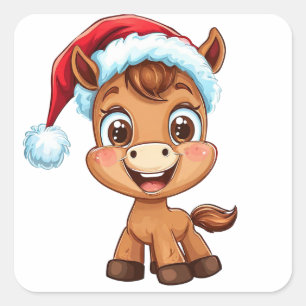 Sticker Carré Joli Poney de Dessin Animé avec Chapeau et Écharpe