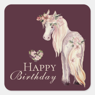 Sticker Carré Joli Pony et Cheval de Fleurs Joyeux Anniversaire