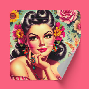 Sticker Carré Joli portrait pin-up floral rétro