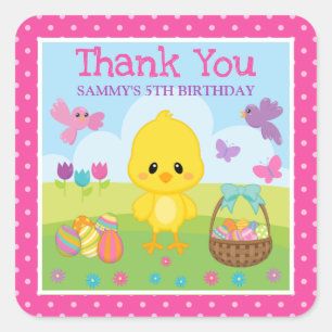Sticker Carré Joli poussin de Pâques et œufs en chocolat pour le