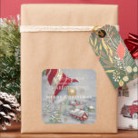 Sticker Carré Joli Red Christmas Bell Country Village<br><div class="desc">Les biscuits de Noël,  les gâteaux cuits étiquettes pour votre cadeau de vacances et les produits de boulangerie. Joli petit village de campagne recouvert de neige avec élégante cloche rouge et argent,  étoiles pétillantes le matin de Noël,  carte de vacances vintage.</div>