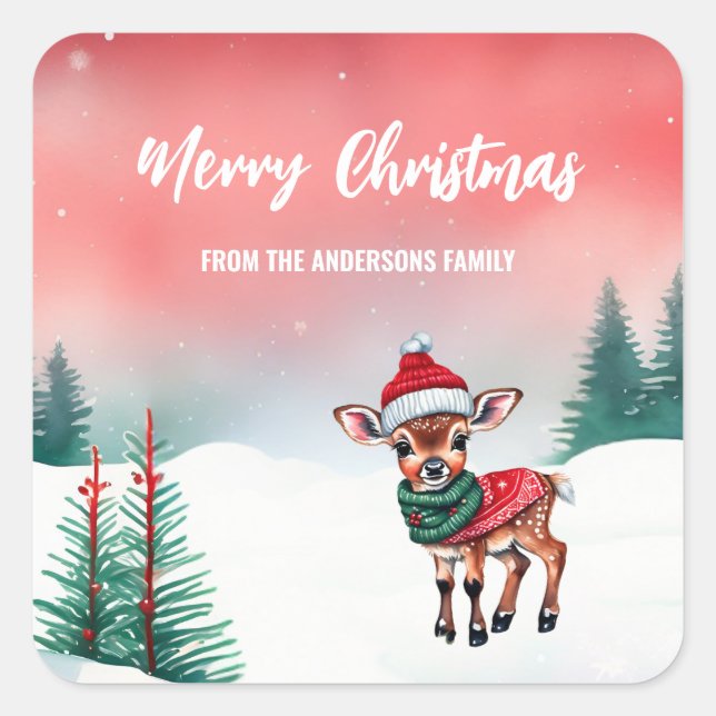 Sticker Carré Joli renne d'aquarelle Père Noël enfant de Noël (Devant)