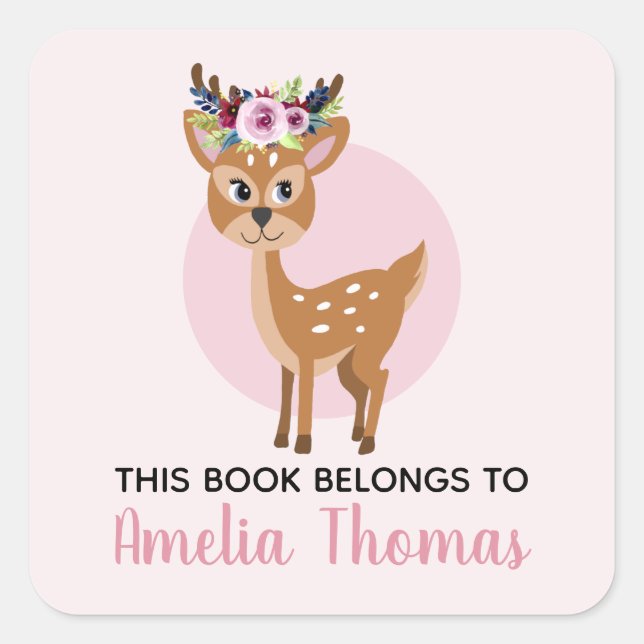 Sticker Carré Joli Rose 'Ce Livre Appartient' Floral Deer Kids (Devant)