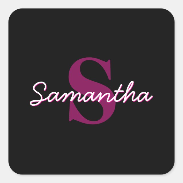 Sticker Carré Joli script de monogramme rose et noir personnalis (Devant)