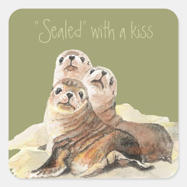 Sticker Carré Joli Seals curieux, scellé avec un baiser (Devant)