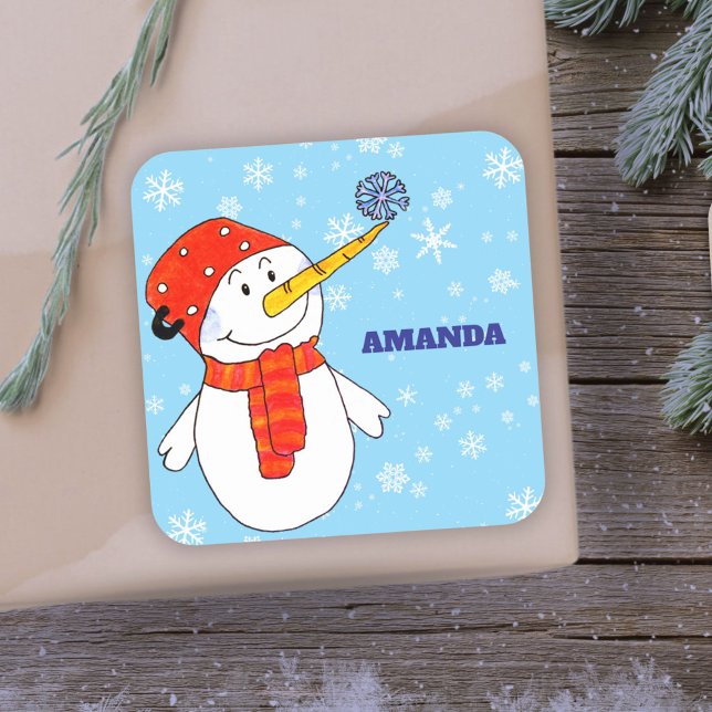 Sticker Carré Joli Snowman Personnalisable Enfants Noël (Créateur téléchargé)