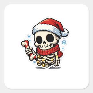 Sticker Carré Joli squelette de Noël tenant un bonbon canne Kawa