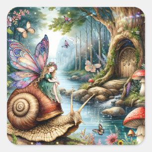 Sticker Carré Joli terrain de fée avec mignon escargots et papil