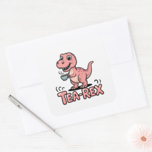 Sticker Carré Joli Thé-Rex Rose Dinosaure – Ça arrive de boire !