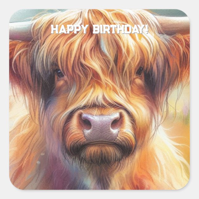 Sticker Carré Joli Tough Shaggy Highland Vache Anniversaire (Devant)