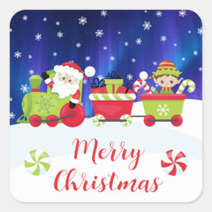 Sticker Carré Joli train de Noël avec le Père Noël et l'elfe