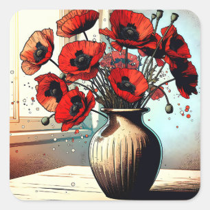Sticker Carré Joli Vase de Red Poppies