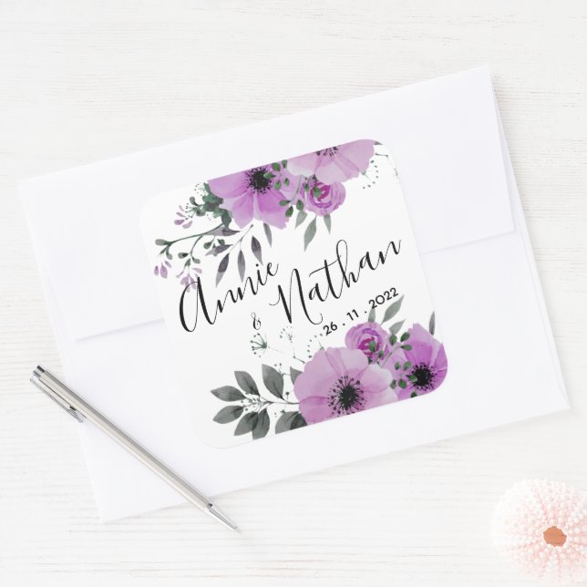 Sticker Carré Joli violet Floral mignon Mariage de script romant (Enveloppe)