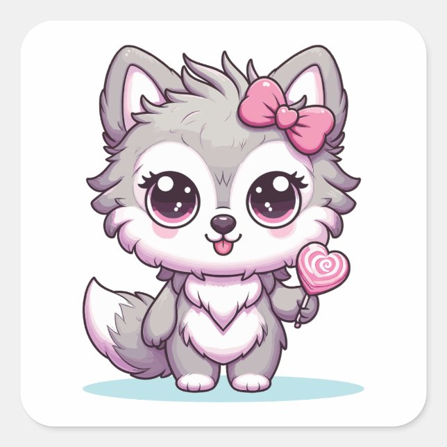 Sticker Carré Joli Wolf Kawaii Avec Lollipop (Devant)