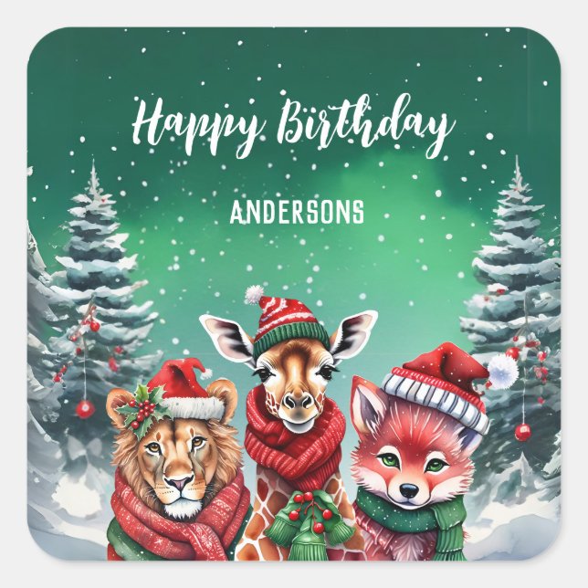 Sticker Carré Joli zoo de lions Noël arbre anniversaire fille fê (Devant)