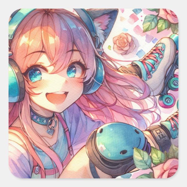 Sticker Carré Jolie Anime Girl en Roller skates Anniversaire (Devant)