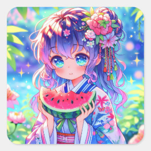 Sticker Carré Jolie Anime Girl Manger Watermelon