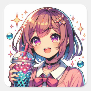 Sticker Carré Jolie Anime Girl tenant Bubble Tea