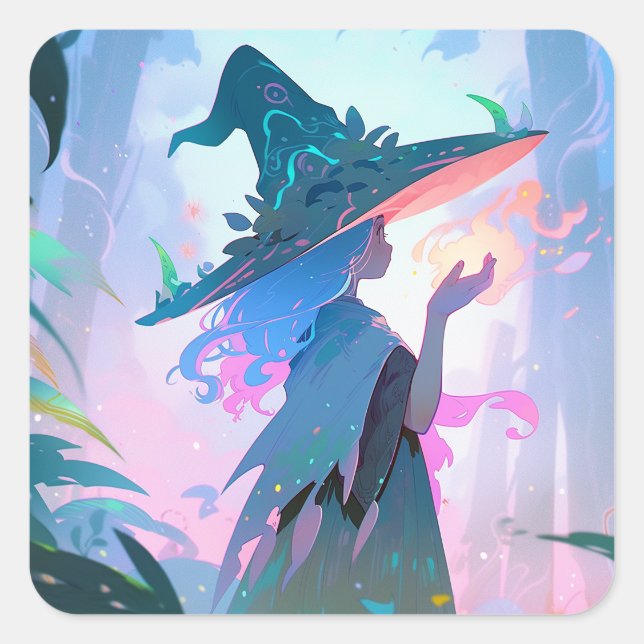Sticker Carré Jolie Anime sorcière fille Imaginaire Art (Devant)