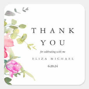 Sticker Carré Jolie aquarelle Baby shower Floral Merci