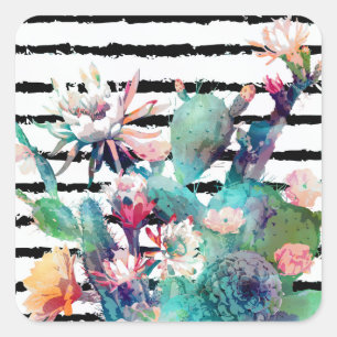 Sticker Carré Jolie aquarelle Cactus Floral Black Stripes