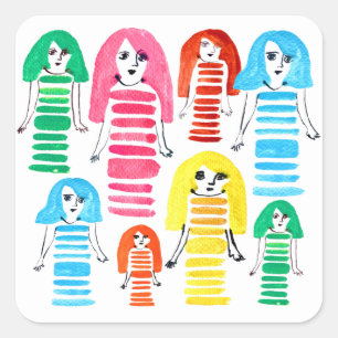 Sticker Carré Jolie aquarelle filles art moderne funky
