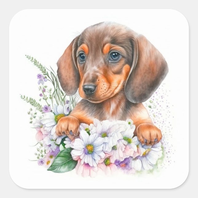 Sticker Carré Jolie aquarelle Floral Dachshund Chien chiot (Devant)