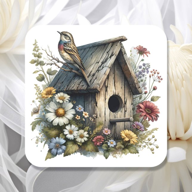 Sticker Carré Jolie aquarelle Rustique Birdhouse et Bird (Créateur téléchargé)