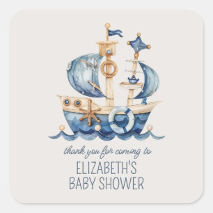 Sticker Carré Jolie Baby Shower Bateau à Voile Bleu Marin