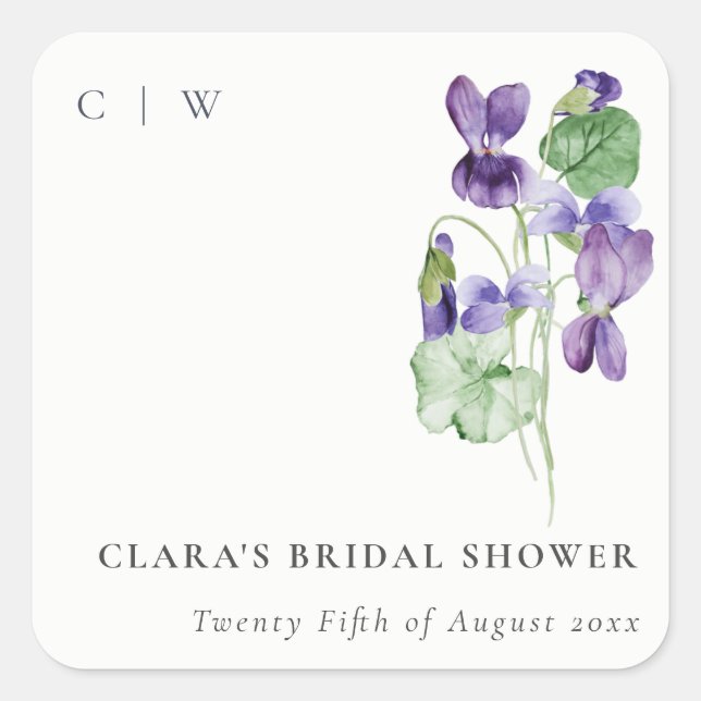 Sticker Carré Jolie bouquet floral violet monogram mariage (Devant)