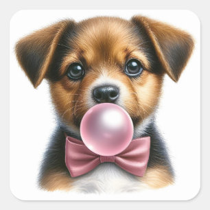 Sticker Carré Jolie Brown chiot rose Cravate de la boule souffla