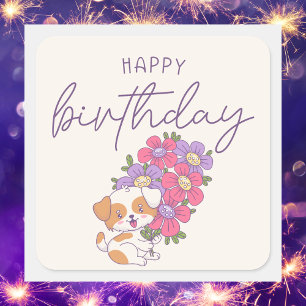 Sticker Carré Jolie Chien Chien Colorée Fleurs Joyeux Anniversai