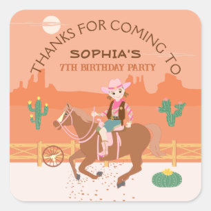 Sticker Carré Jolie Cowgirl et cheval fête d'anniversaire