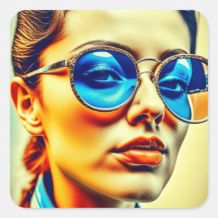 Sticker Carré Jolie Dame avec Lunettes de soleil Bleues avec Réf