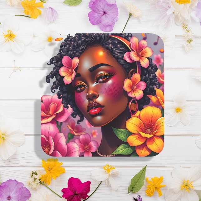 Sticker Carré Jolie dame de couleur Fleurs roses Notes musicales (Créateur téléchargé)