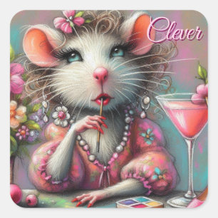 Sticker Carré Jolie dame de Rat ayant un Martini Contempler
