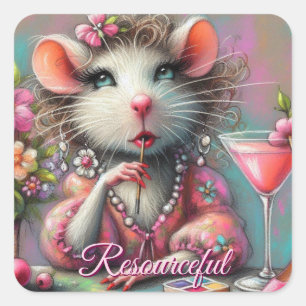 Sticker Carré Jolie dame de Rat ayant un Martini Contempler