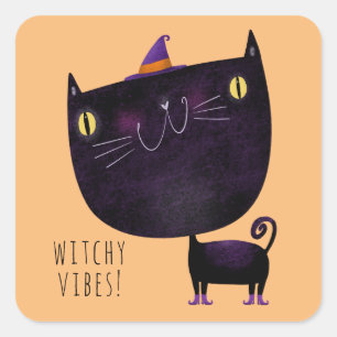 Sticker Carré Jolie décoration Halloween Sorcière Chat Noir