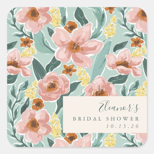 Sticker Carré Jolie douche de mariage florale rose pastel et sau (Devant)