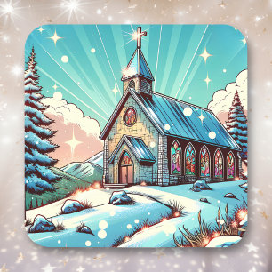 Sticker Carré Jolie église à Noël d'hiver