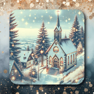 Sticker Carré Jolie église pour Noël d'hiver