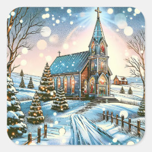 Sticker Carré Jolie église pour Noël d'hiver