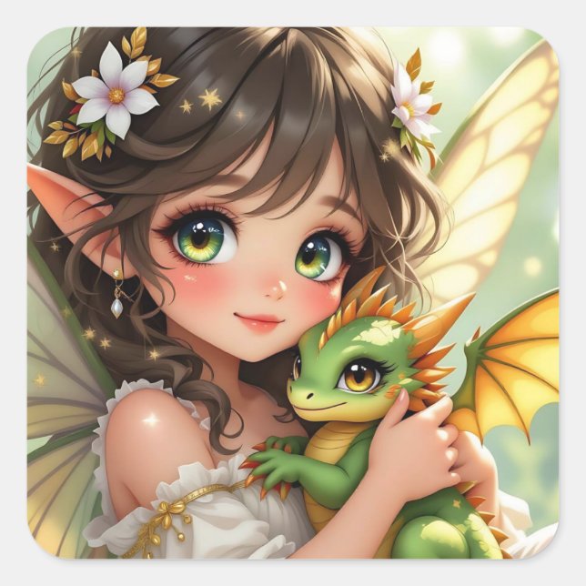Sticker Carré Jolie fée d'anime et dragon Chibi  (Devant)