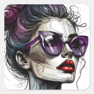 Sticker Carré Jolie femme en lunettes de soleil et rouge à lèvre