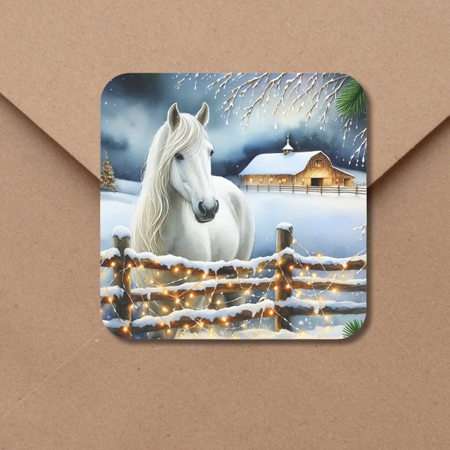 Sticker Carré Jolie ferme de chevaux blancs Noël (Créateur téléchargé)