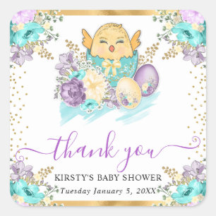 Sticker Carré Jolie Fête de Naissance au thème Poussin et Œufs à
